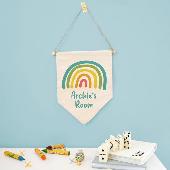 Personalised Rainbow Mini Pennant Flag, Children's Name Sign For Bedroom, Art Christmas Gift