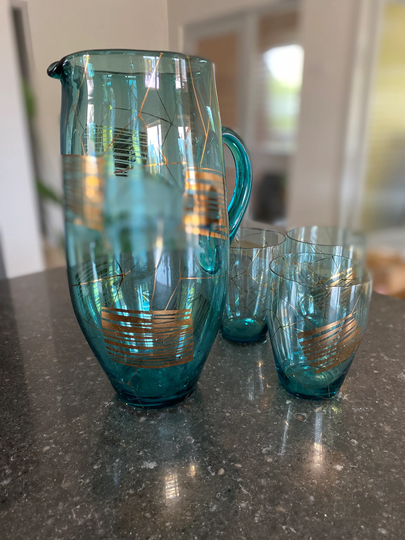 Jug Glasses Set Vintage Retro 1950S Water 1960S Lemonade Gilded Blue Glass Drinkware Aqua Tumblers Pitcher