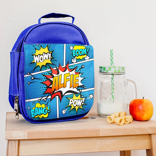 Personalised Comic Style Lunch Bag, Insulated Superhero Box, Back To School Supplies, Name Box For Kids Nursery Toddlers
