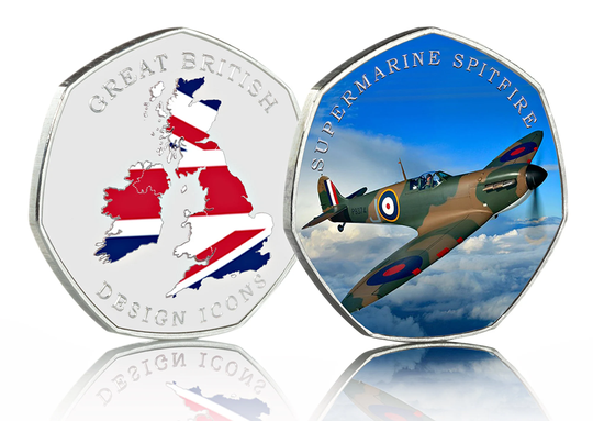Supermarine Spitfire Full Colour Silver Commemorative Coin For Albums/Collectors/Coin Hunt 50P. Great British Design Icons