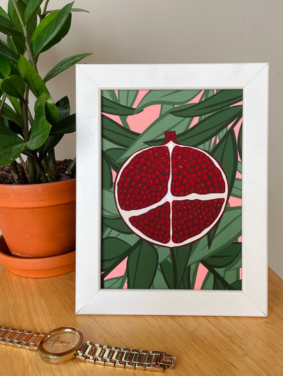 Pomegranate With Leaves | Colorful Illustrated Graphic Art Print