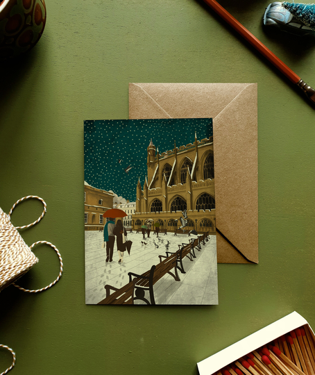 Christmas Bath Abbey Snow Illustration Greeting Card Set