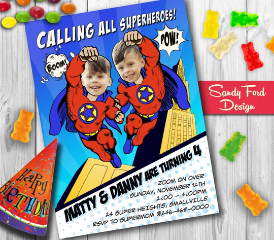 Superhero Birthday Party Invitation For Two Boys Or Twins - Personalized From Your Photo Digital File