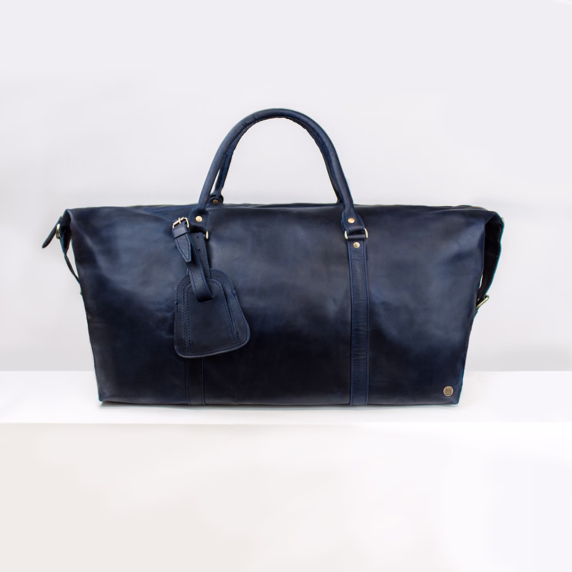 Personalized Large Navy Leather Weekend Duffle - Holdall Overnight Bag Duffel Weekender in Dark Blue By Mahi
