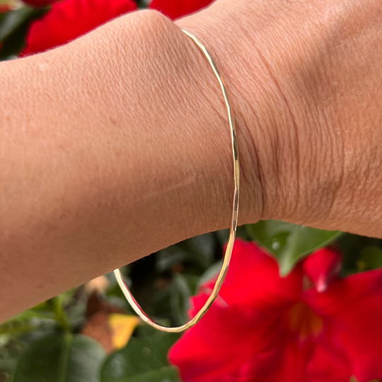 Dainty Thin Gold Stacking Slip On Bangle Bracelet, 18K Or 14K Yellow, Hand Forged Hammered Polished Matte, 1.5mm Wide