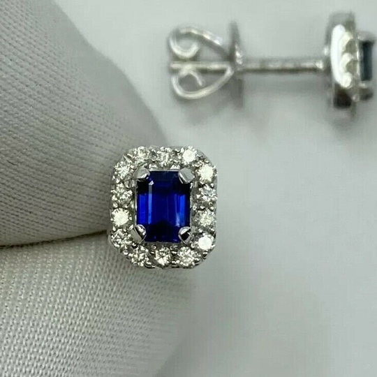 Fine Blue Ceylon Sapphire Diamond 18K White Gold Emerald Cut Earring Halo Studs