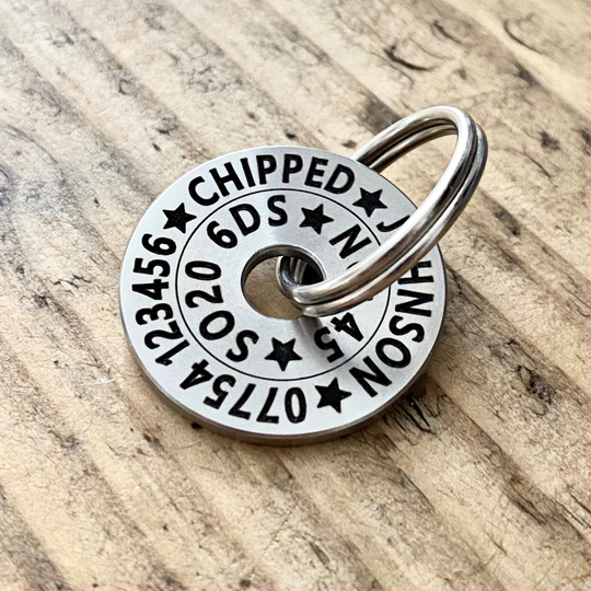 Cnc Machined Surgical Stainless Steel Pet Dog ID Name Tag. Laser Engraved For Extra Long Life. 30mm Diameter