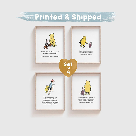 Set Of 4 Colored Winnie The Pooh Quote, Printed & Shipped, Birth, Christening, Nursery Picture, Decor, Bear Classic Vintage