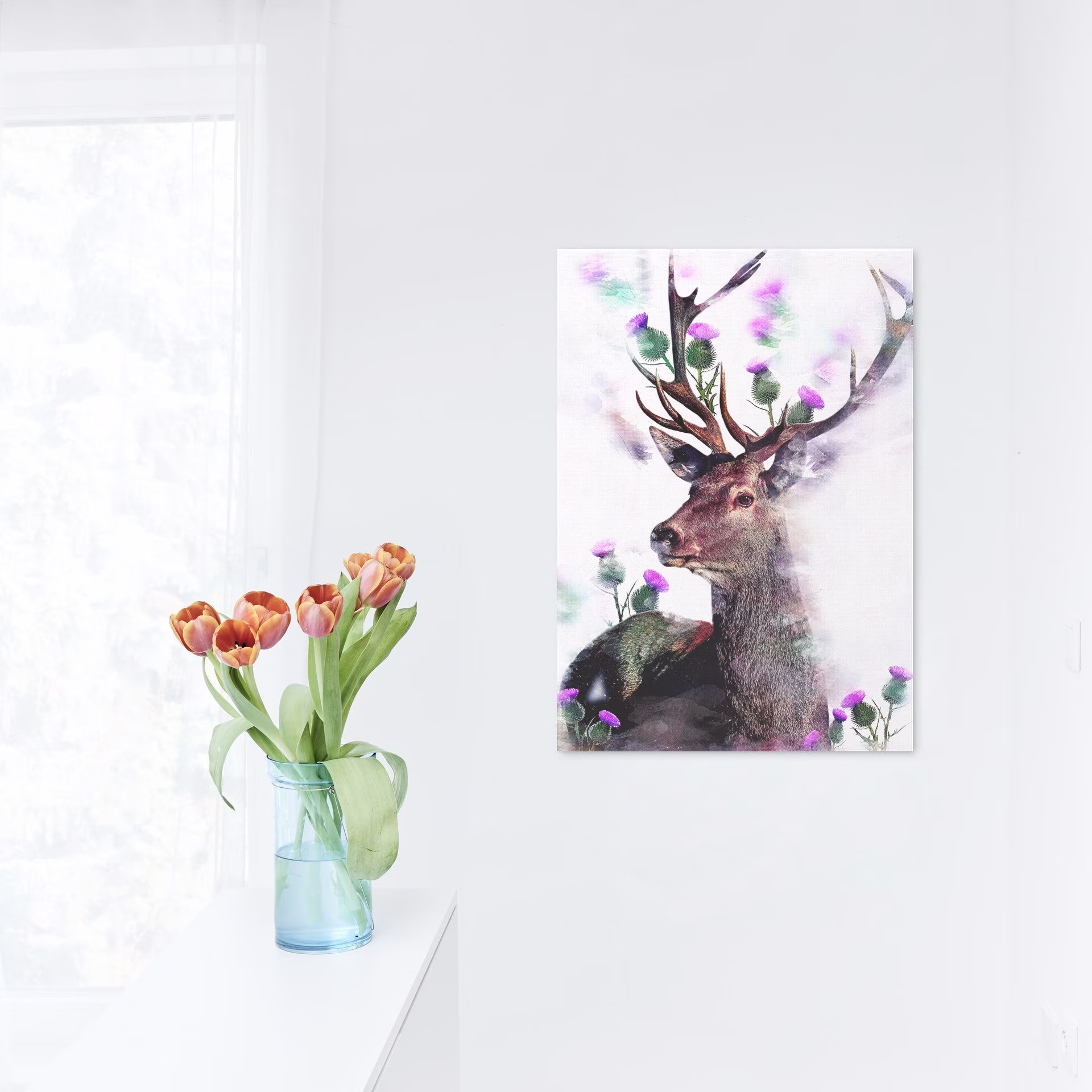 Water Colours Stag Canvas Wall Art, Decor, Abstract Art. Art Print, Hanging, Made in Scotland, Animals
