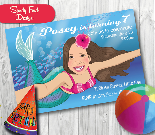 Mermaid Birthday Party Invitation Digital File Illustrated From Your Photo