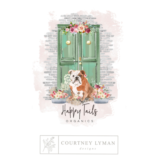 English Bulldog Logo, Floral Dog Pet Sitting Boarding Door Logo Watermark