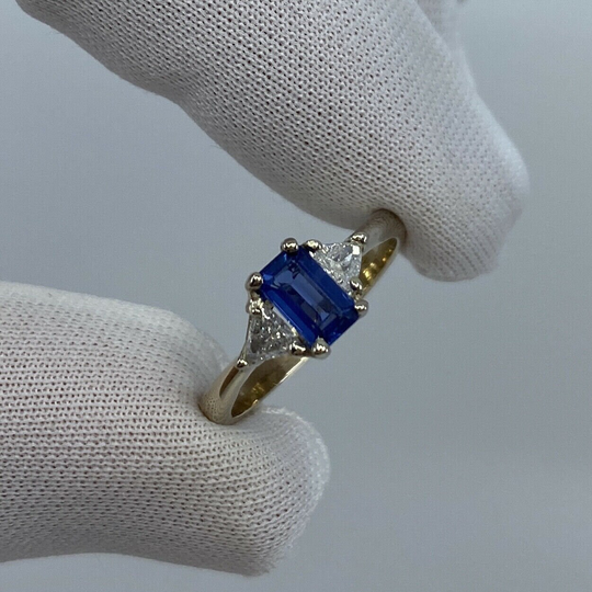 Ceylon Blue Sapphire & Diamond Trillion 3 Stone 18K White Gold Handmade Ring