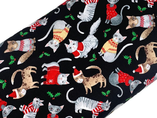 Christmas Cat Fabric Sold By The Yard. Holiday Cats in Sweaters With Green Holly On Black. 100% Cotton For Quilting, Clothing, Home Décor