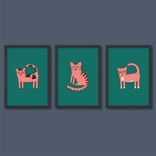 Pink Cats Illustration Poster Set Of 3 | Retro Modern Cute Cartoon Pattern A5 A4 A3 A2 A1
