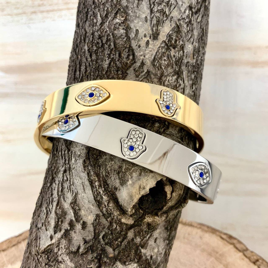 Hand Of God Protect Myself Evil Eyes Cuff Bracelet Czstone No Coloration Gold Plated Stackable Trendy Fashion Basic Classic Everyday Jewelry