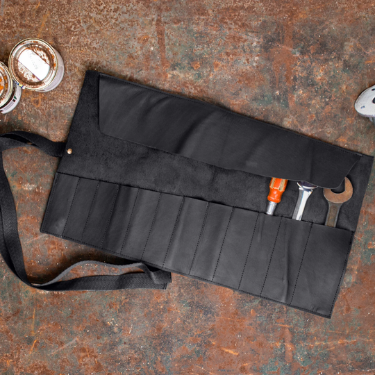 Personalized Black Leather Tool Roll Case, Wrench Holder, Craft Pencil/Brush Wrap | Gift For Crafters, Mechanics, Hobbyists