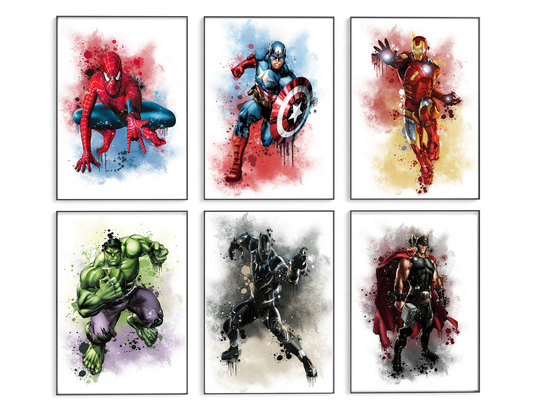 Superhero Splash Artwork Prints | Super Hero Characters Bedroom Wall Prints Collection