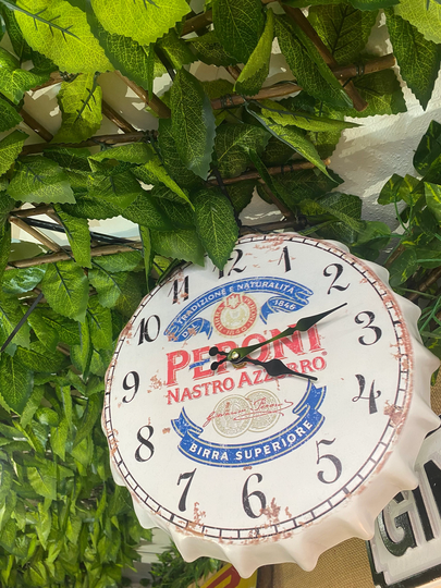 Peroni Vintage Retro 30cm Wall Clock Metal Bottle Top Man Cave Bar Garden Hallway Office Home Bedroom Silent Best Friends