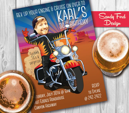 Motorbike Birthday Party Invitation - 30Th, 40Th, 50Th, 60Th Etc, Retirement Party Illustrated From Your Photo Digital File
