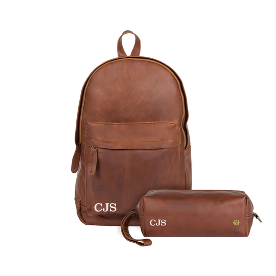 Personalized Gift Set Backpack & Wash Bag | Dopp Kit + Leather Combo For Him Monogram For With Initials By Mahi