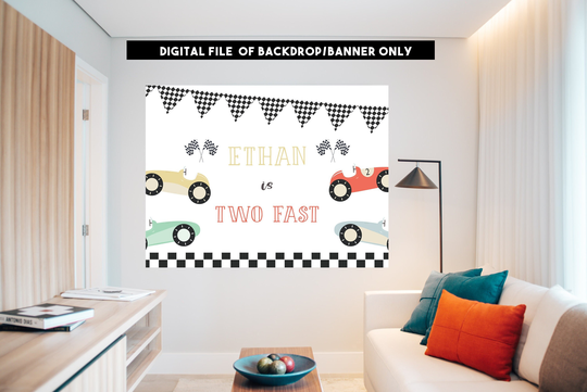 Personalised Car Backdrop, Two Fast Modern Race Car, Vintage Banner, Birthday Fast, Backdrop Digital