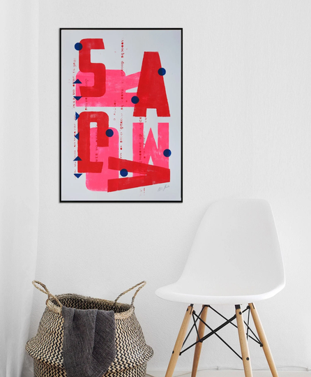 Original Painting - Typography Gold Art Artwork Acrylic On High Grade Paper Pink Ships in Tube Roco Studio