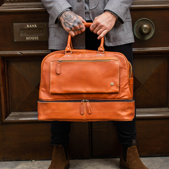 Personalized Large Leather Weekender Holdall Bag With Under Compartment For Shirts - Tan Overnight For Him Travel By Mahi