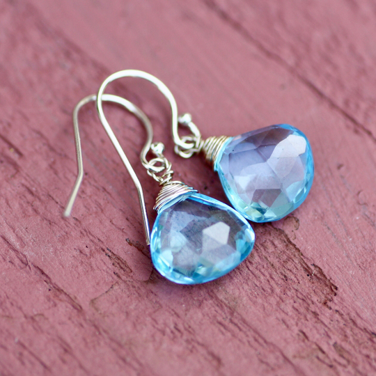 Natural Swiss Blue Topaz Earrings Solid 14K White Gold , Healing Gem December Birthstone, 4Th Anniversary