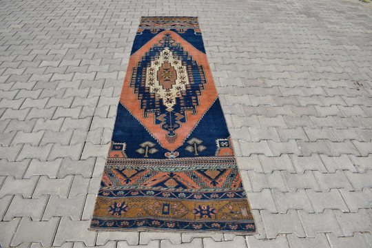 2'6x10'5 Ft, Special Design Runner, Dark Blue Runner, Turkey Runner, Turkish Vintage Runner, Soft Runners, 2x10 Runner, Decorative Colorful Rug, 620