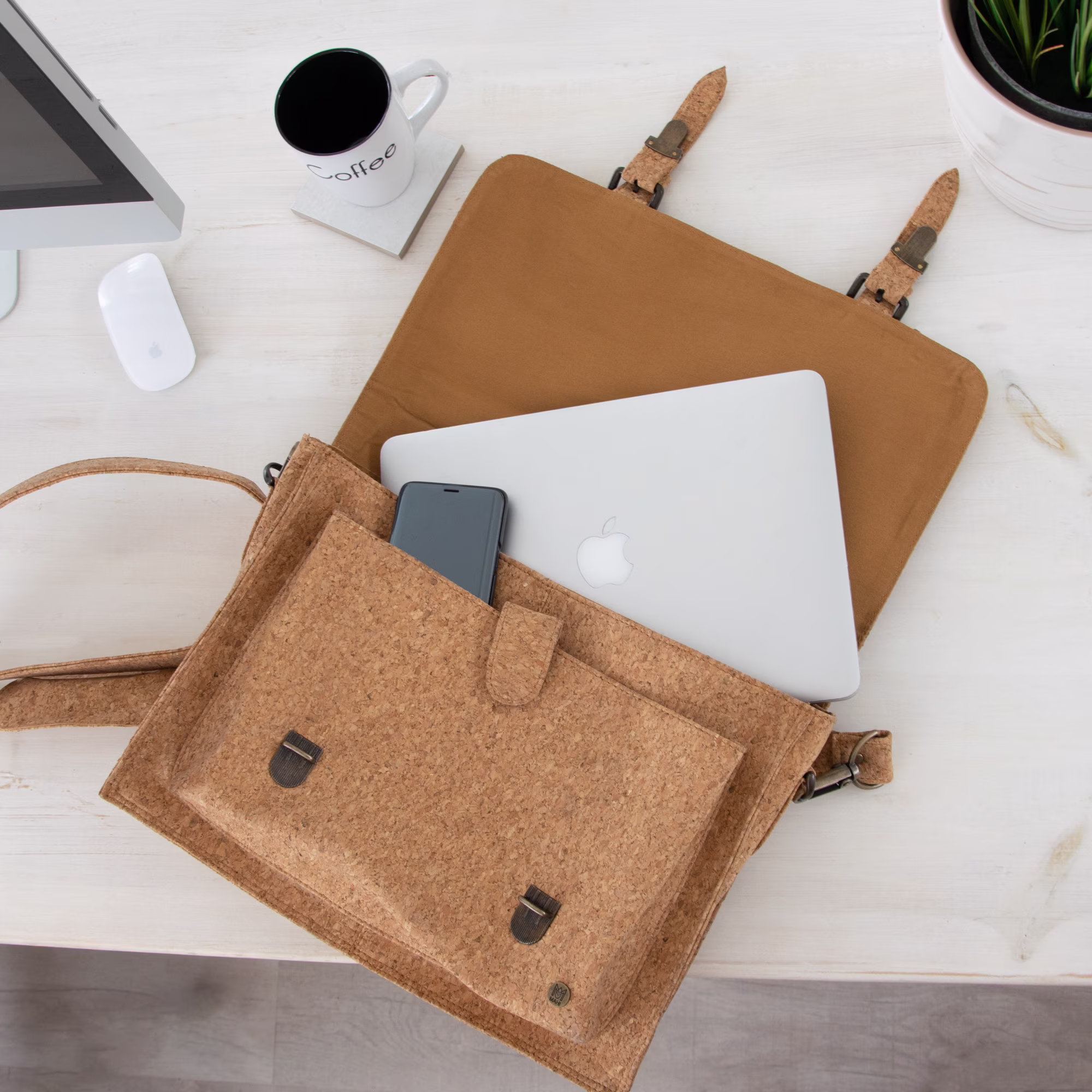 Traditional Vegan Cork Leather Satchel - Messenger Bag Book School Bag/Work With 15