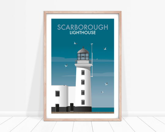 Scarborough Lighthouse Print, North Yorkshire Lighthouse, White Poster, Yorkshire, Coastal Illustration