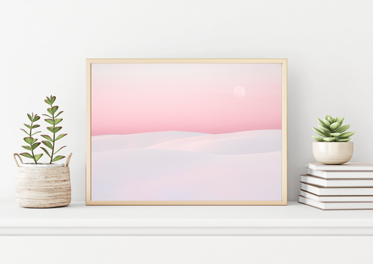 Coastal Wall Art Print, White Sand Dunes Beach Print Photograph, Pink Sky Moon Modern Decor Neutral Prints, Gifts