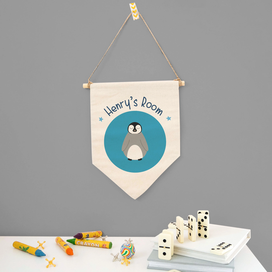 Personalised Penguin Wall Art, Kids Bedroom Name Children's Mini Pennant Flag, Decor For Kids, Christmas Gift