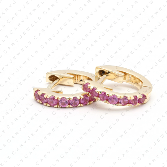11mm Pink Sapphire Gemstone Huggie Earrings, 14K Gold Huggies, Dainty Hoops, Eternity Hoop Earrings