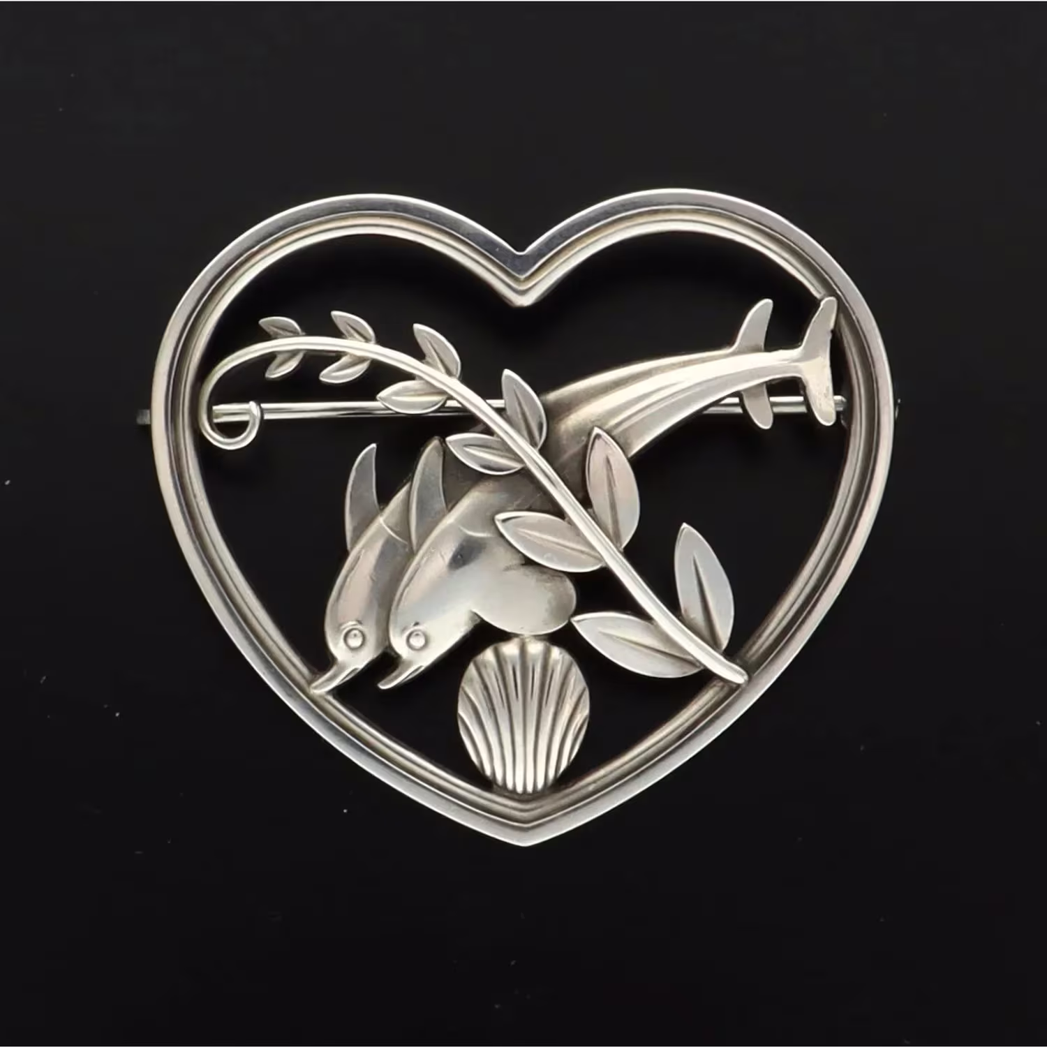 Georg Jensen Brooch #312 | By Arno Malinowski Dolphin in Heart Design Danish Sterling Silver 1940S Mcm Vintage Free Shipping