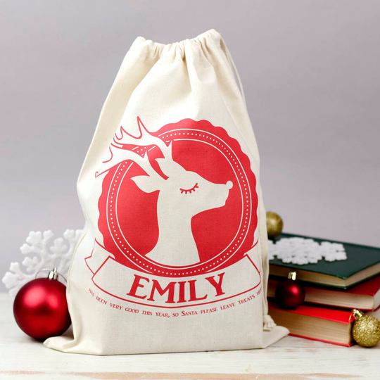 Personalised Mini Christmas Gift Sack - Stocking Reindeer/Snowflake/Ice Skates