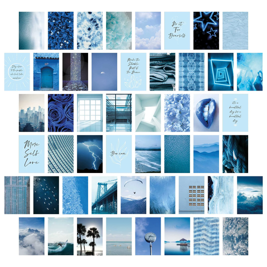 Blue Collage Kit Wall Decor 50 Pcs | 4x6 Art For Bedroom, Mood Board Aesthetic Room Decor, Dorm Teen