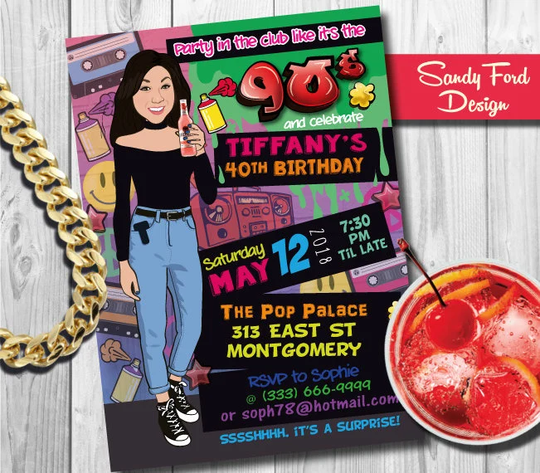 Women's 90's Theme Birthday Party Invitation 21st 30Th 40Th 50Th. Personalized Caricature. Illustrated From Your Photo Digital File