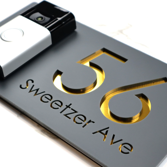 K Smart Sign | Bellissima Db Ring Nest Wifi Door-Bell Laser Cut Matt Dark Gray Ral7016 Anthracite & Gold Mirror Floating House Signs