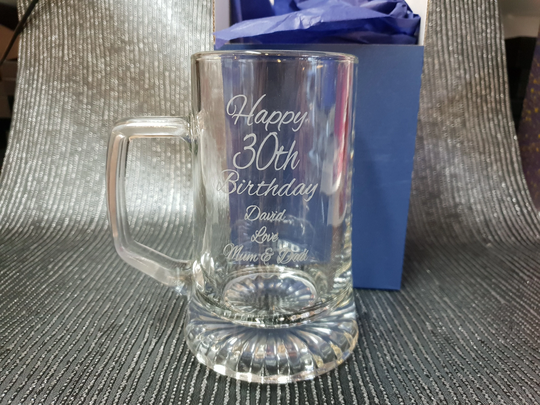 Engraved Large Stern Tankard, 0.51 Litre. Best Laser Engraving Available No Glass Splinters. For Any Ocaision All Text Can Be Customised
