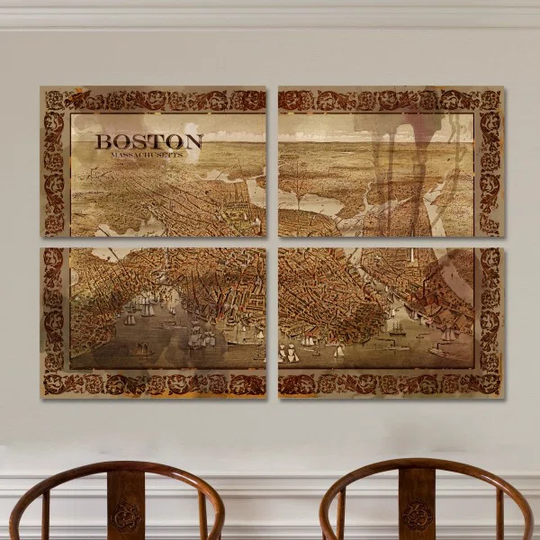 Port of Boston 1800s Map 4 Piece Graphic Art on Canvas