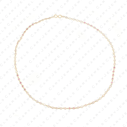 14K Solid Gold Pink Sapphire Tennis Necklace/Bezel Set 2mm Pink Sapphire Multistone Diamond Layering Necklace