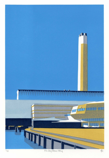 Fawley Blue Sky - Original Multiplate Linocut Print, Mounted Ready To Frame