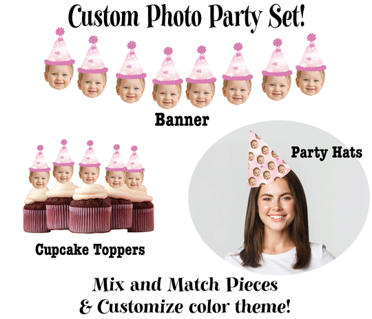 Custom Photo Party Decor Set - Includes Face Banner, Personalized Hats, Cake Topper, Cupcake Toppers
