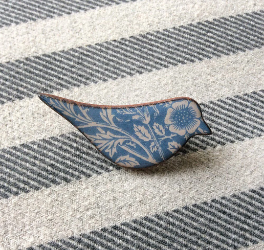 Blue Heritage Handmade Ceramic Floral Bird Brooch, William Morris Design, Jewellery, Valentine's Gift, Mother's Day Gift
