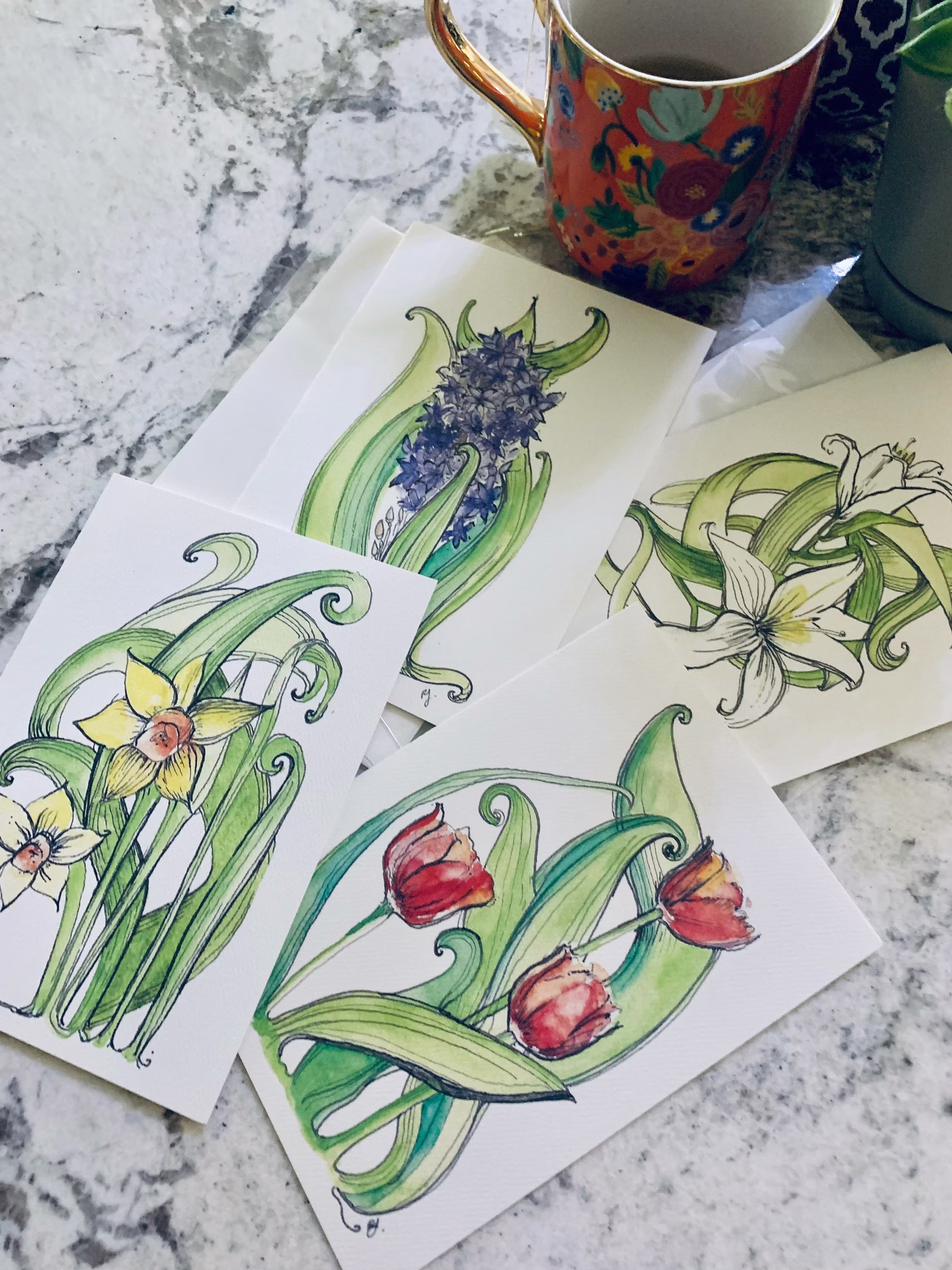 Floral Variety Pack 4 Folded Note Cards With Envelopes | Spring Blank Card Set Flower Greeting Handmade