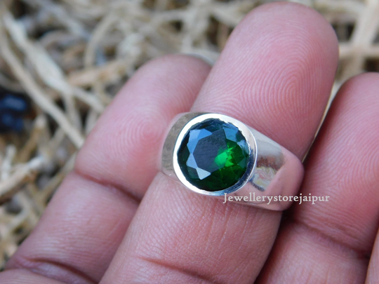 925 Silver Emerald Ring, Handmade Gemstone Statement Boho Signet Birthstone Mens Gift For Him