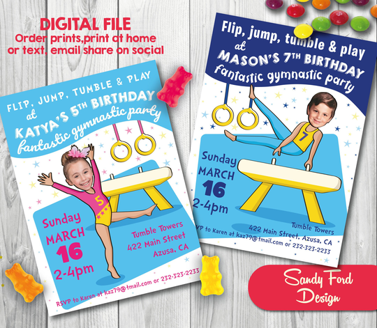 Gymnastics Party Birthday Invitation For Girls Or Boys - Personalized With Your Photo Digital File
