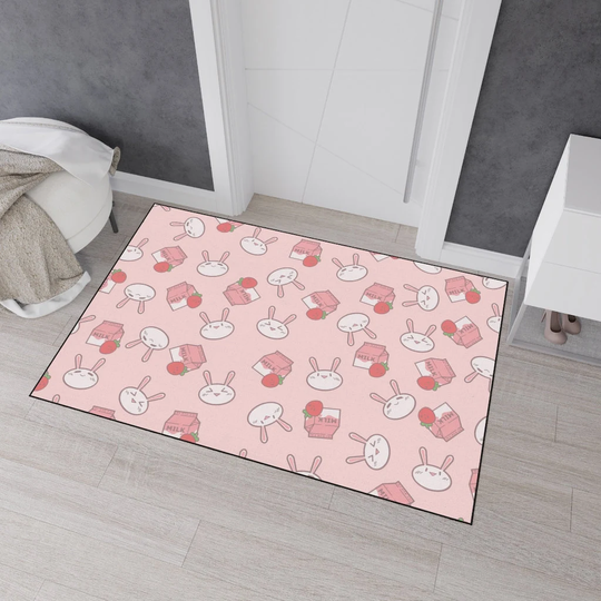 strawberry & Milk Foot Pad, Cute Rabbit Kawaii Bunny Usagi Heavy Duty Floor Mat, Graphic Art Design Bath Mat, Rug