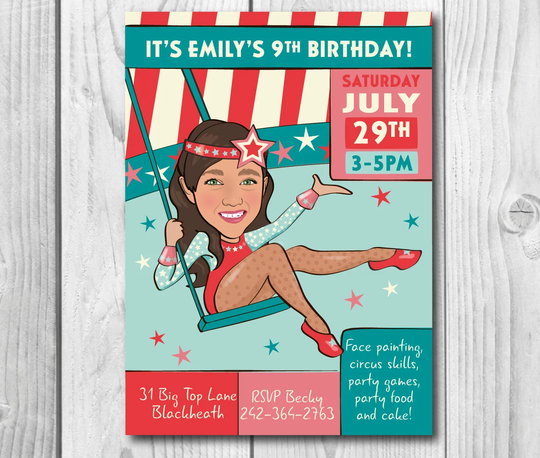 Girl's Trapeze Circus Birthday Party Invitation - Illustrated From Your Photo Digital File